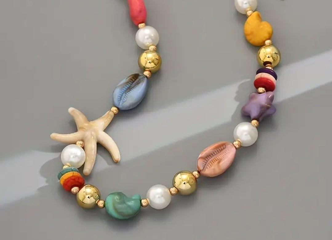 Collier Océane été Plage en Résine avec Fausse Coquille et Étoile de Mer